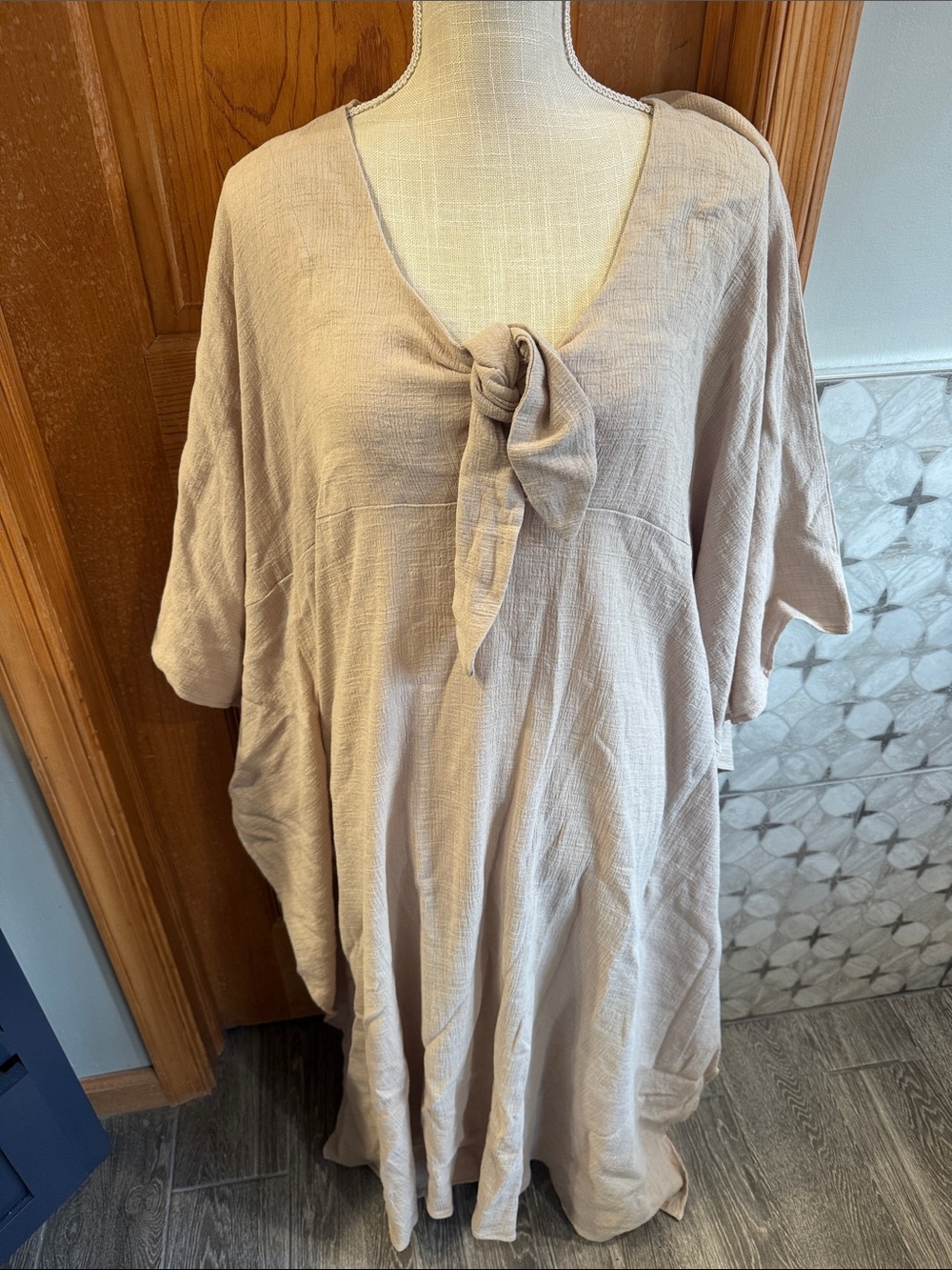 Flowy Maxi Dress with Front Tie in Beige
